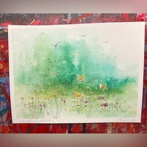Butterfly garden original painting nature pasture tree art flowers Artettina USA